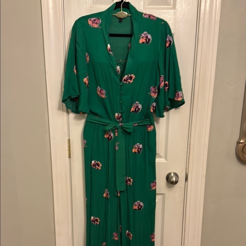 Green Flutter Sleeve Wrap Jumpsuit